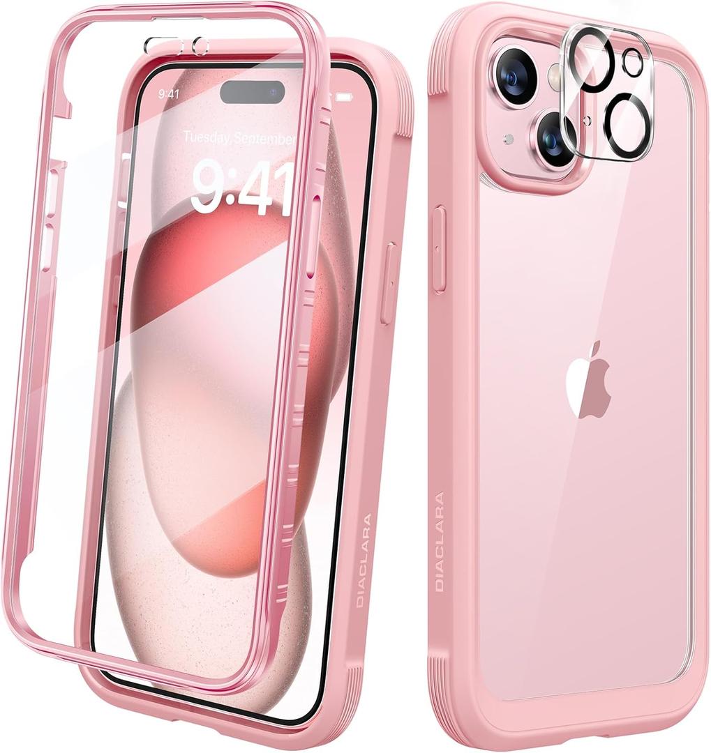 Diaclara Designed for iPhone 15 Plus Case 6.7 Inch,Full Body Rugged Case with Built-in Touch Sensitive Anti-Scratch Screen Protector+9H Tempered Glass Camera Lens Protector, Coral Pink