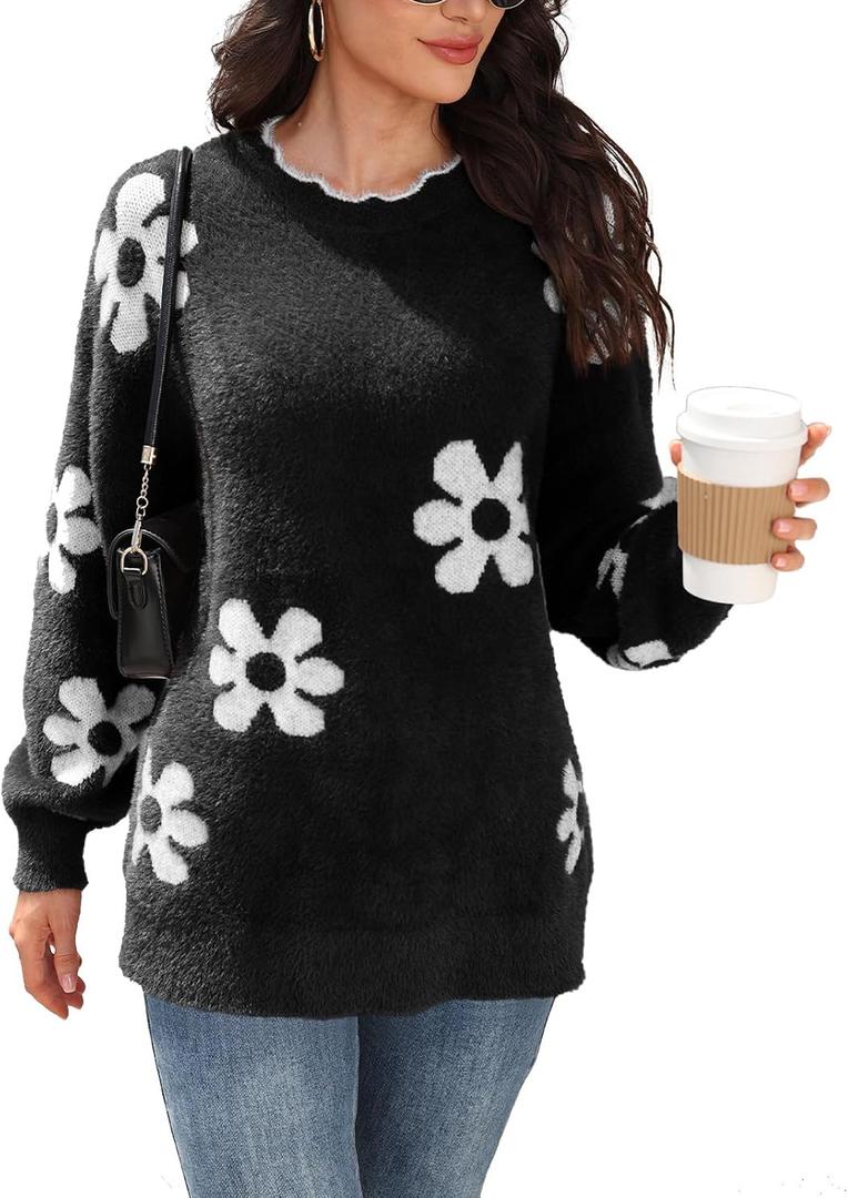 Women's Oversized Fuzzy Sweaters Long Sleeve Crew Neck Knit Soft Pullover Chunky Casual Fall Loose Jumper Top (Black, L)