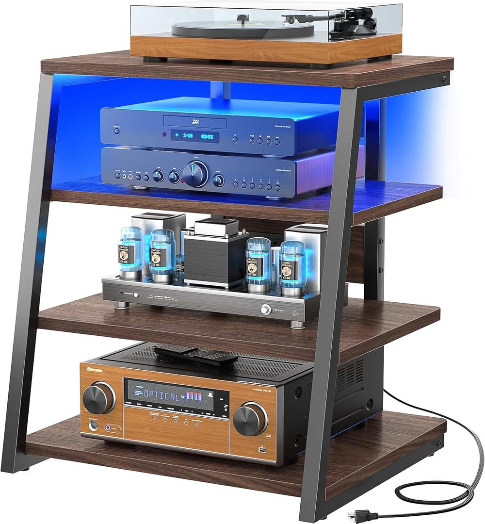 Armocity 4-Tier AV Media Stand with Power Strips, Corner TV Stand with LED Lights, Rack Audio Tower with Adjustable Shelves, Corner Entertainment Center, 30'', Black Walnut