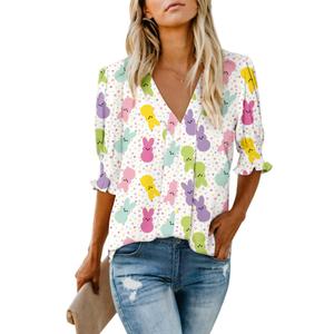 Roshop Blouses Women V Neck Dressy Smocked Sleeve Tops (XL)
