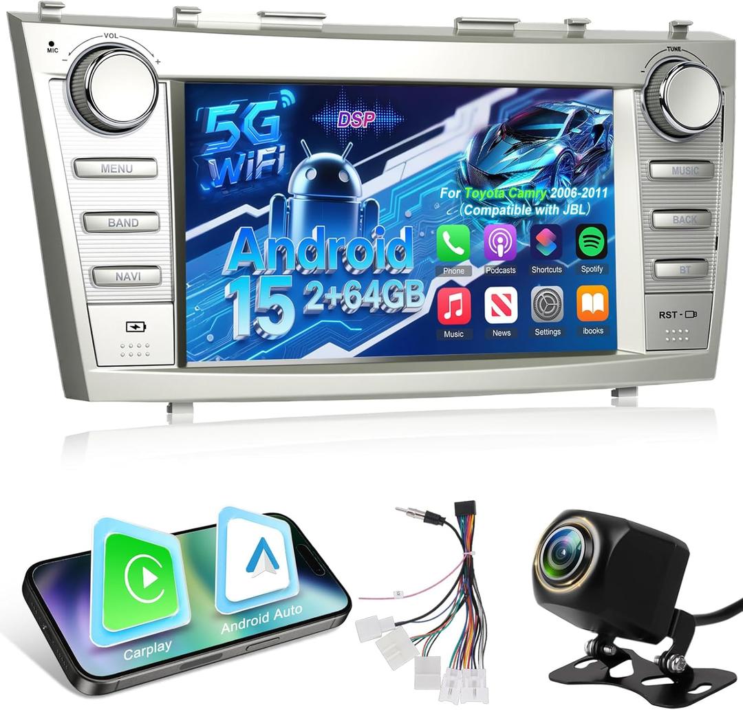 Android 15 Car Stereo for Toyota Camry 2006 2007 2008 2009 2010 2011 with Carplay/Android Auto (Support JBL) - 8 Inch IPS Touchscreen Radio with DSP/WiFi/GPS/Split Screen/SWC + AHD Rear View Camera