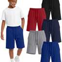 3 x Langyiwee 5 Pack Boys Shorts Kids Athletic Summer Knee Length Sweatshort Teen Drawstring for School Short Pocket 6-16Y(10-11 Years,Pure Red, Navy Blue, Black, Light Heather Gray, Royal Blue)