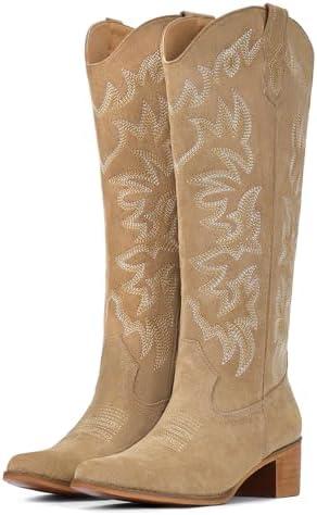IUV Cowboy Boots For Women Knee High Western Cowgirl Boots Snip Toe Side Zipper Chunky Heel 10.5
