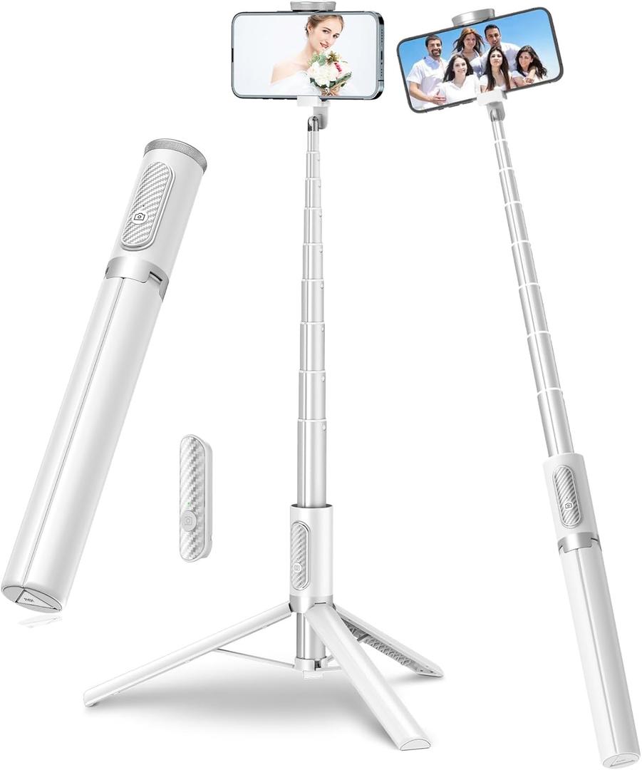 TONEOF 67" Travel Tripod,Selfie Stick,All-in-1 Phone Stand with Integrated Wireless Remote,Lightweight and Portable,Extendable for iPhone and Android(White) (67(None magnetic))