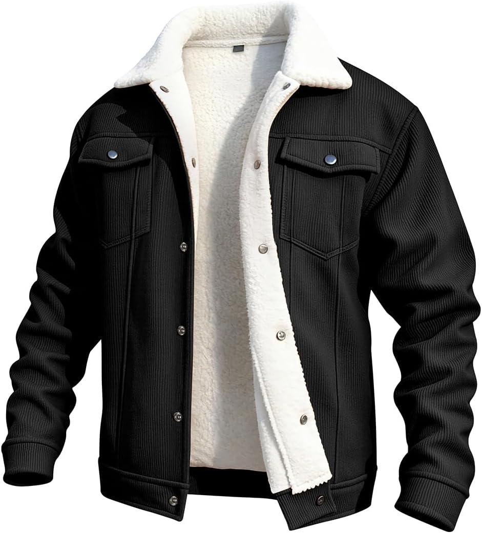GINGTTO Mens Corduroy Jacket Fleece Lined Trucker Sherpa Winter Coat (Large, Black)