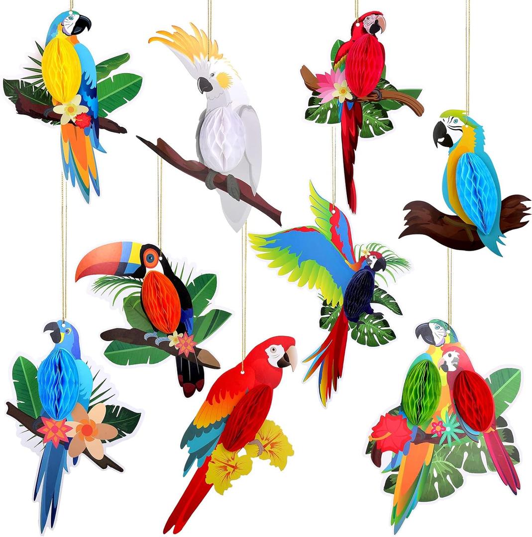 Spakon 9 Pieces Tropical Birds Honeycomb Paper Cutouts Rio Luau Party Hanging Decorations Rainforest Hanging Paper Birds Hawaiian Parrot Honeycomb Cutouts for Luau Party Decor