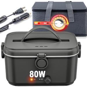 Electric Lunch Box for Adults with Temperature Adjustment 80W Heated Lunch Boxes for Men with 1.8L Stainless Steel Container Electric Lunchbox for Work/Car/Truck-110V/12V/24V(Black)