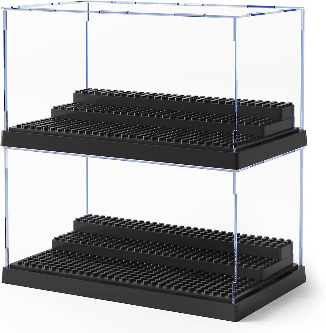 Mlikero 2 Pack Minifigure Display Case for Action Figures Blocks, Clear Dustproof Acrylic Display Box Storage with 3 Movable Steps Gifts for Children,Black