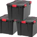 IRIS USA WeatherPro 74 Qt Storage Bins with Lids, 3 Pack, BPA-Free Plastic Gasket Box with Tight Latch and Seal, Stackable Nestable Tote Tub - Black/Red