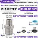 1/2" NPT Male to 3/8" NPT Male Reducing Hex Nipple, Josaton 304 Stainless Steel Pipe Fitting Reducer Nipple Adapter Straight High Pressure Hose Connector for Gas, Oil, Water, and Fuel Applications