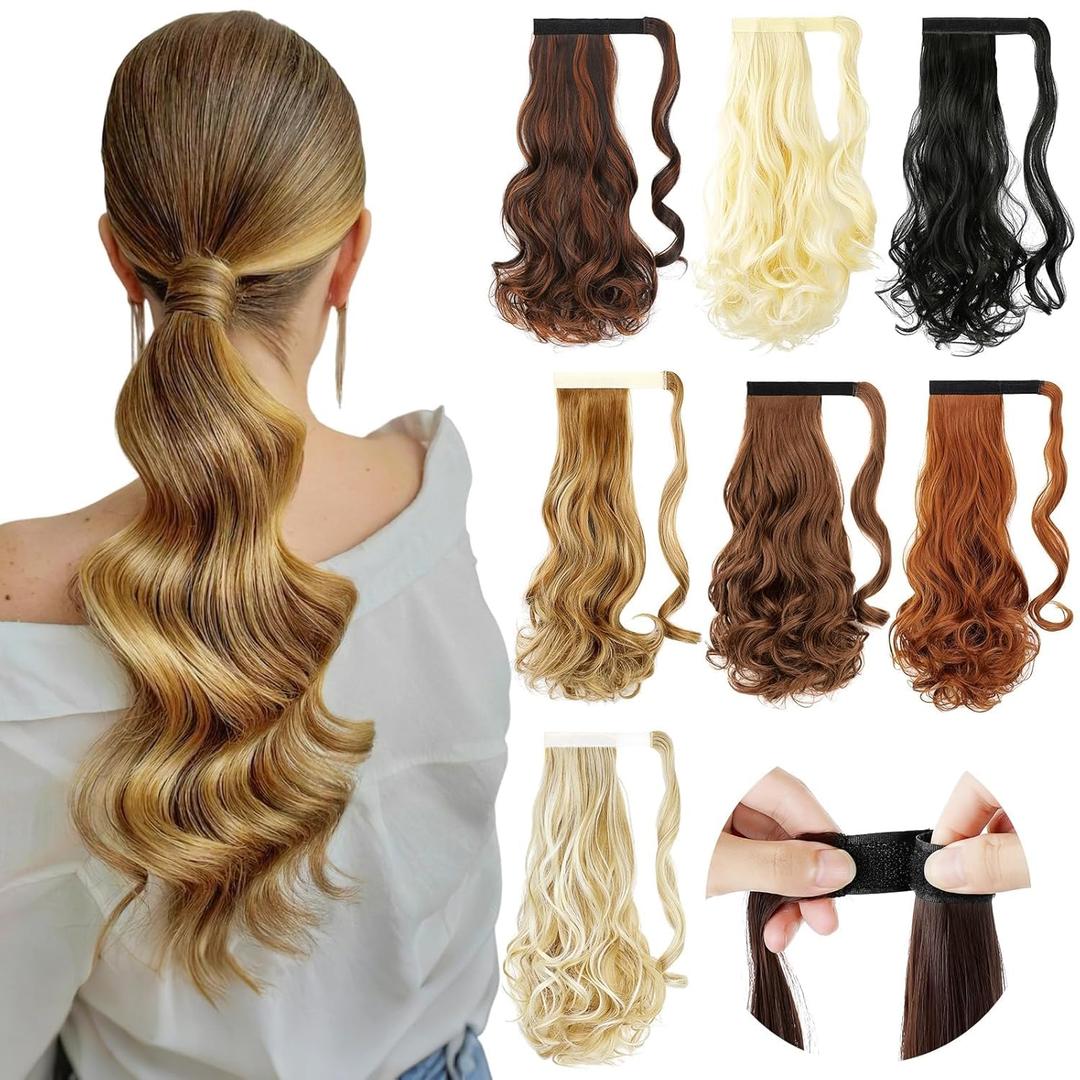 FELENDY 18" Ponytail Extension Curly Wavy Clip in Hairpiece Wrap Around Long Pony Tails Hair Extensions Synthetic for Women Light Brown mix Light Auburn