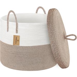 18" X18 X 14" Large Storage Basket with Lid, Blanket Basket Living Room, Woven Cotton Rope Storage Box, Lidded Kids Dog Toy Bin, Wicker Laundry Basket, Blankets Pillows Organizer Holder (Brown/White)