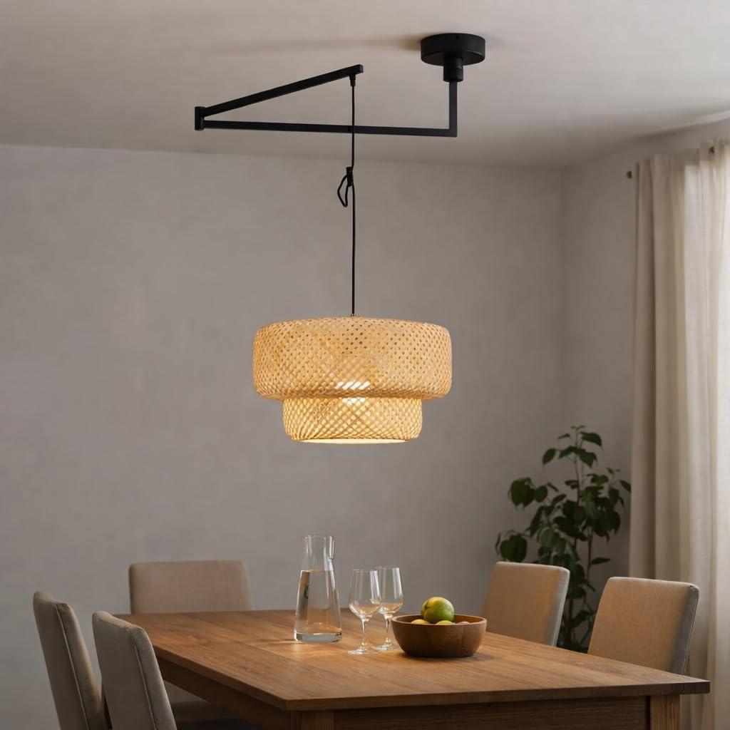 Adjustable Arm Bamboo Pendant Light Fixture, Boho Swing Arm Basket Weave Hanging Light, Vintage Round Shape Ceiling Pendant Light for Kitchen Island Dining Room (Black), 48.6"Hx14.1"Wx14.1"W