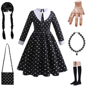Halloween Cosplay Costume Girls Dress Kid Teen Black Outfit With Wig Bag Earrings Socks Size 130