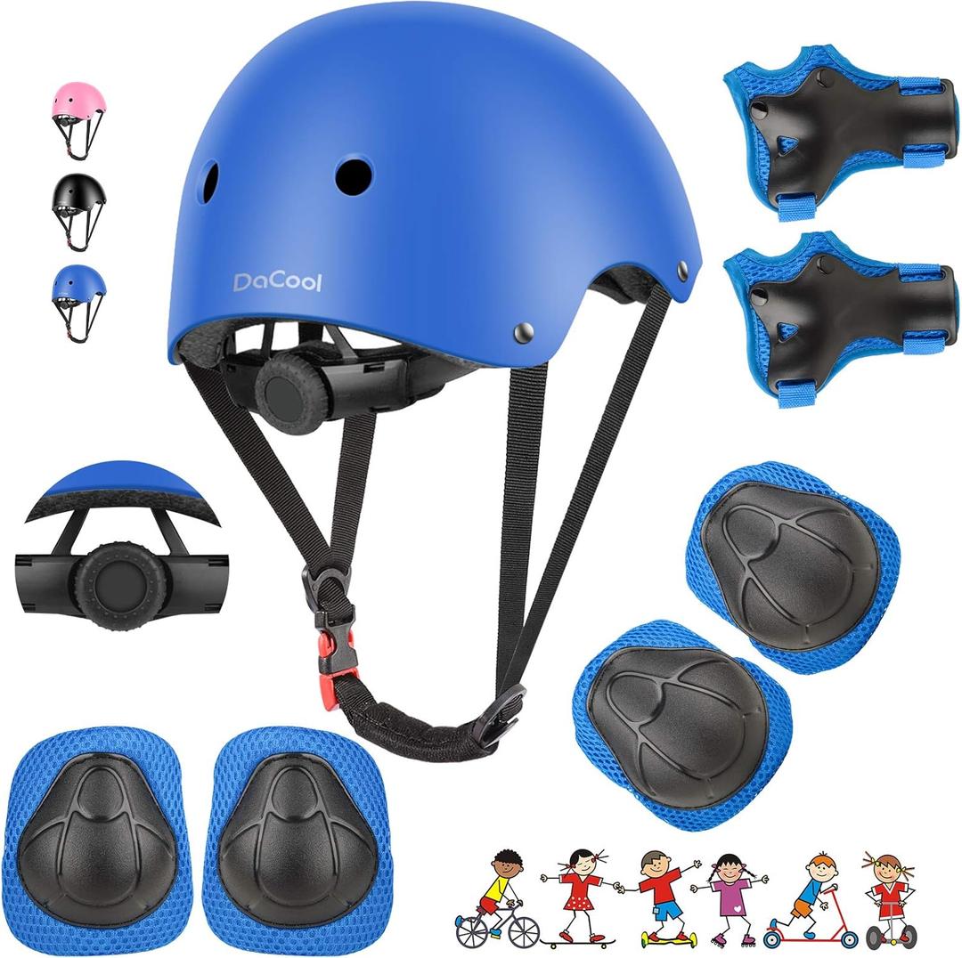 DaCool Kids Bike Helmet Set Skateboard Knee Pads - Kids Helmet Elbow Pads Wrist Guards Adjustable for 3~10yrs Girl Boy Kids Protective Gear Set for Sport Cycling Bike Roller Skating Scooter (2-Blue)