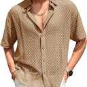Runcati Mens Button Down Shirt Knit Crochet Hollow Out Short Sleeve Sweater Casual Summer Tops Medium
