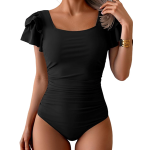 Eomenie Women's Tummy Control One Piece Swimsuit Ruffle Square Neck Bathing Suit Ruched Cutout Back Slimming Swimwear, XL, Black