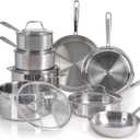T-fal Pro Tri-Ply Stainless Steel Cookware Set 13 Piece Induction Compatible, Oven Safe 500F, Lids 350F, Fast & Even Heat, Pots and Pans Set, Professional Quality, Kitchen Essentials, Silver