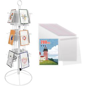 Tongmo Rotating Greeting Card Stand - 12-Pocket Rotating Countertop with Clear Resealable Polypropylene Bags, Solution for Postcards, Brochures, and Greeting Cards (7H - 12 Pockets) (White)