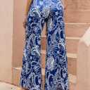 ZAFUL Women's Casual Wide Leg Elastic Waist Drawstring High Waisted Floral Print Palazzo Pant (Blue, S)
