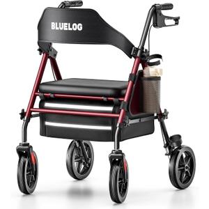 Bluelog Walkers for Seniors Rollator Walkers with Seat, 350lb Capacity with Cup Holder & Cane Holder, 8'' All Terrain Wheels, Adjustable Handles and Seat Height, Foldable Design, Burgundy