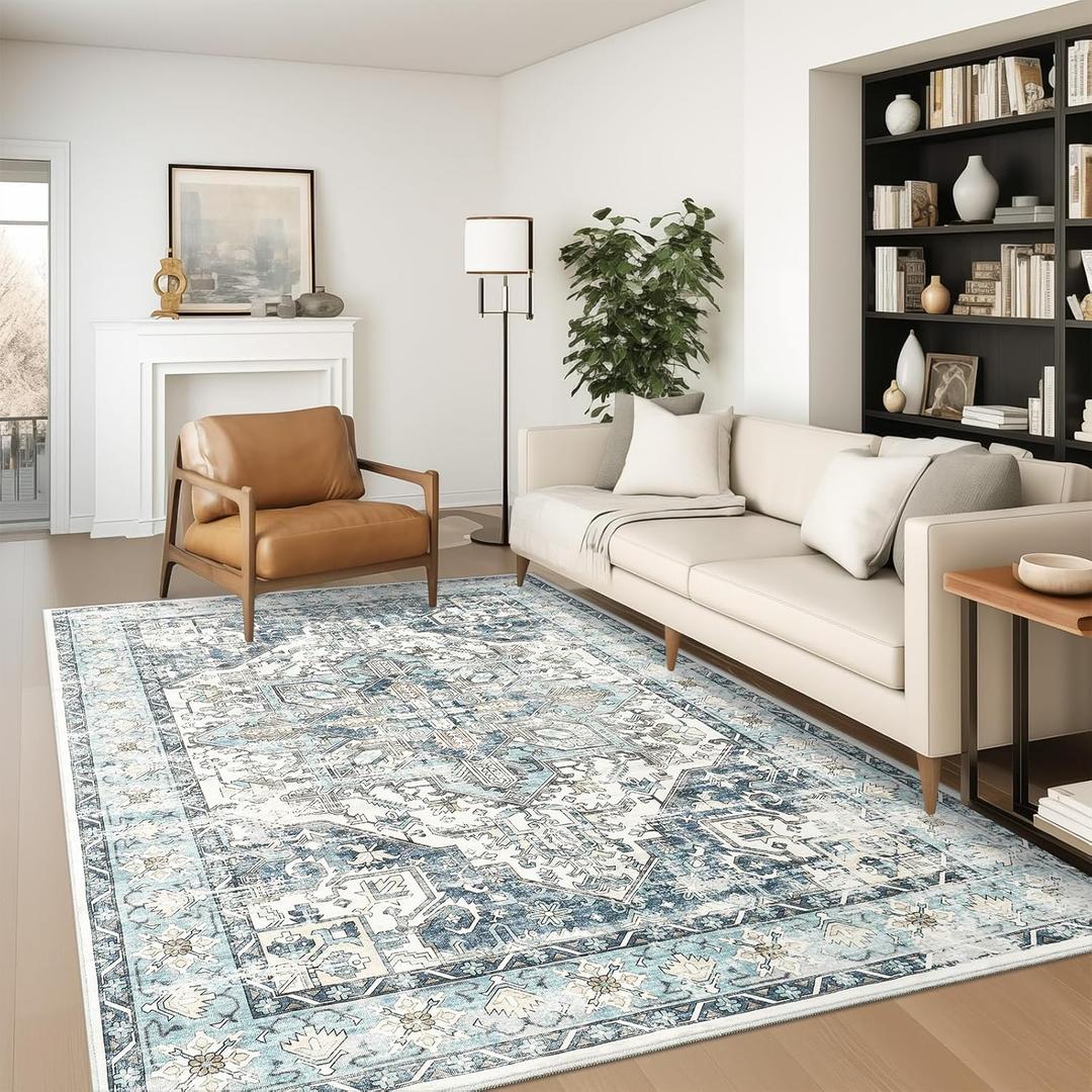 zesthome 5x7 Washable Rug-Stain Resistant Area Rugs for Living Room, Ultra-Thin Vintage Rugs, Non-Slip Backing Rug, Low Pile Large Area Rug, Boho Home Decor (Blue/Ivory)