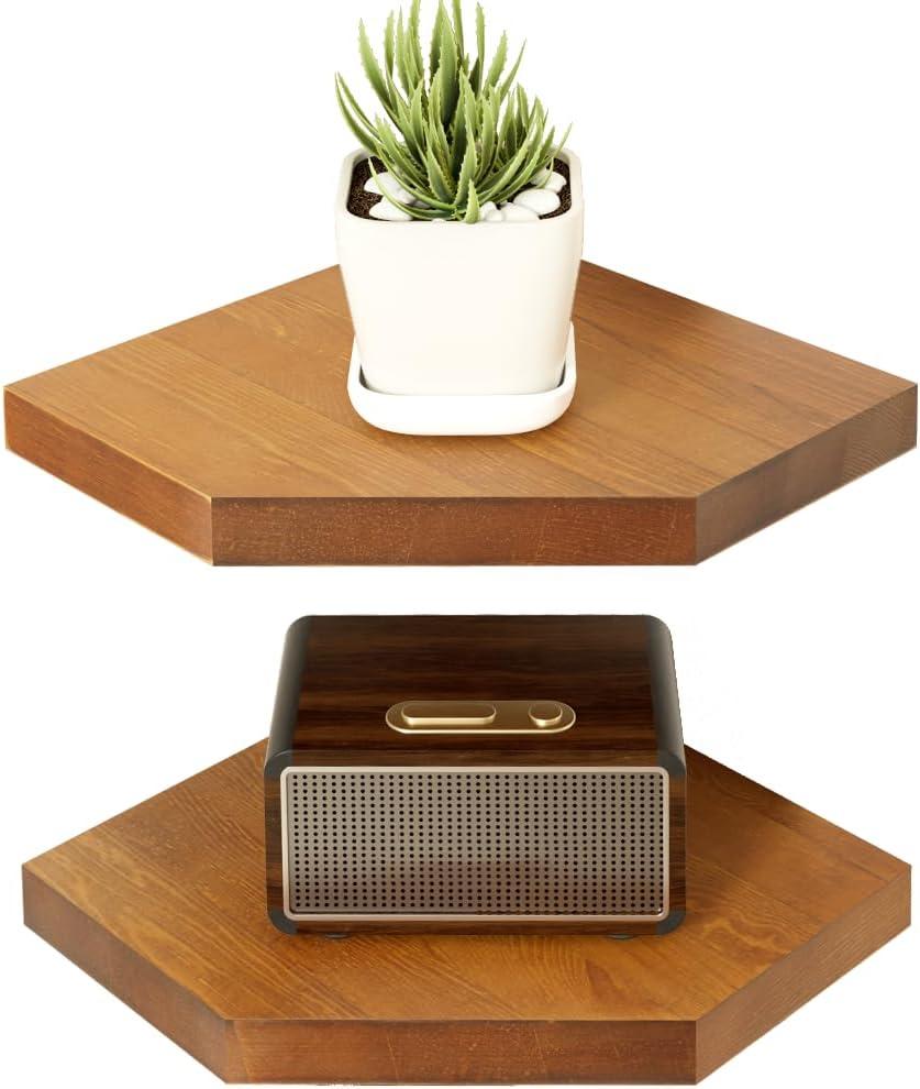 Habudda Corner Shelves, Wall Mounted Storage Display Shelves for Living Room Bedroom Bathroom Kitchen, Rustic Decor Solid Pine Wood, Golden Walnut