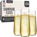 DECADORN Clear Stemless Champagne Flutes Plastic 24 Pack - 9oz Plastic Champagne Glasses - Durable and Sturdy Mimosa Glasses For Parties - Shatterproof, Recyclable, BPA-Free, Smooth Rims.