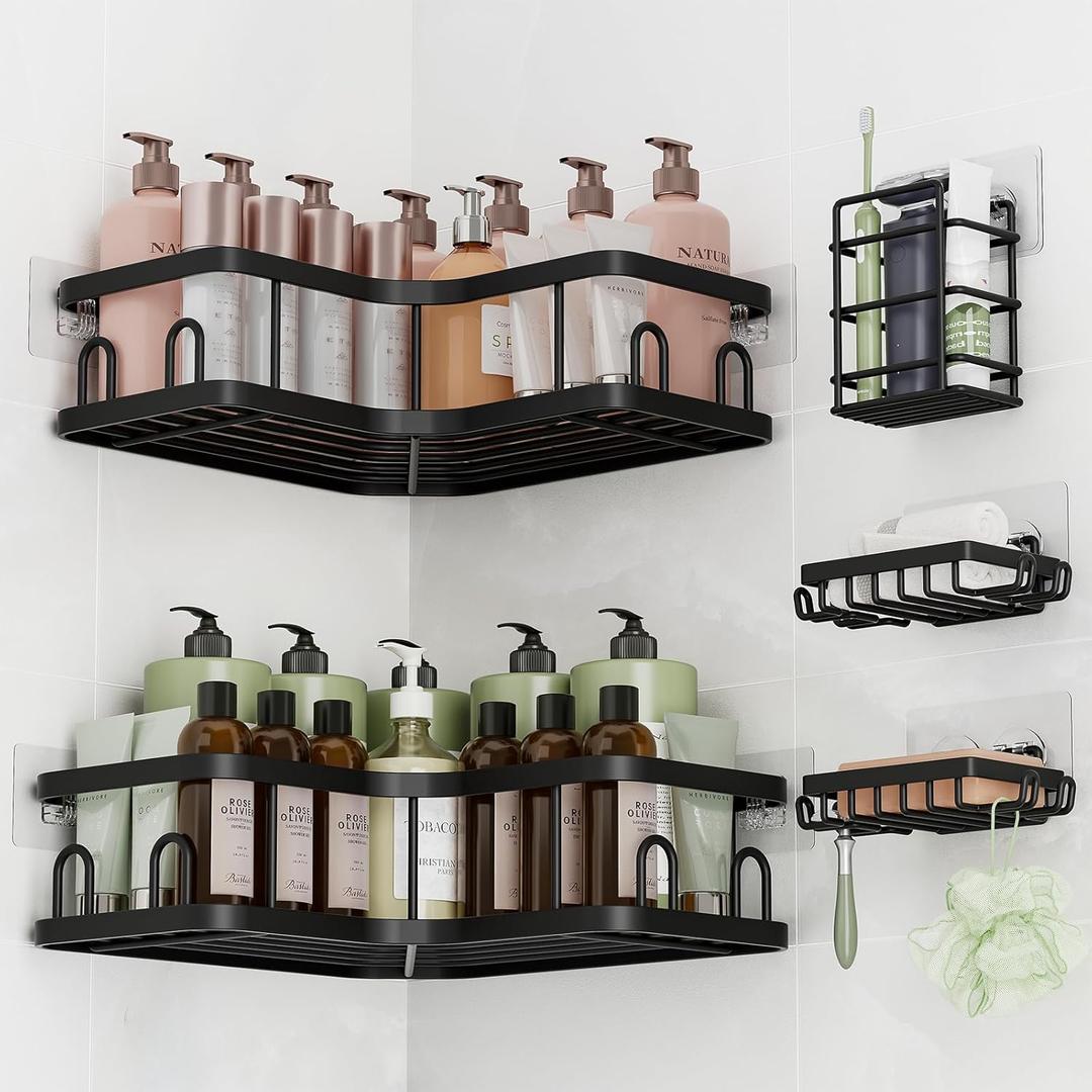 Veken Corner Shower Caddy 5-Pack, Advanced Rustproof Design, No Drilling Adhesive Shelves, Rack with Soap Holder, Bathroom Organizers and Storage, Wall-Mounted Kitchen&Home Decor,Black,Gifts for Mom