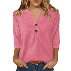 Womens Tops 3/4 Sleeve V Neck Button Down Shirts Business Casual Outfit Basic Tees Summer Top 2025 (XX-Large, Pink)