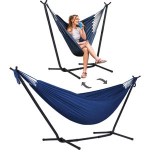 SUNCREAT 2-in-1 Convertible Backyard Fabric Hammock with Stand, Large Hammocks for Outside, Dark Blue