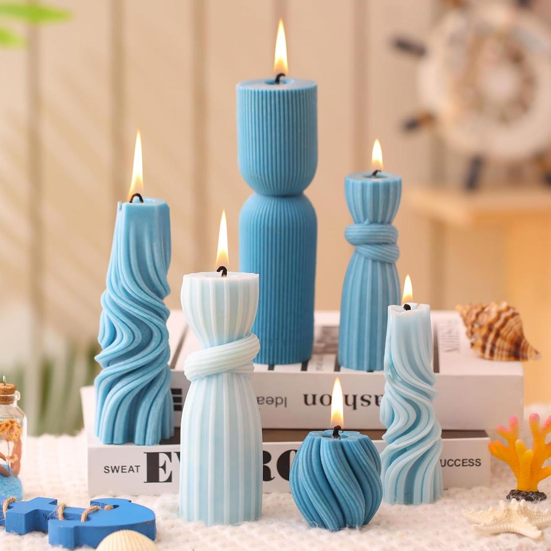 Threlaco 6 Pcs Pillar Candles Modern Aesthetic Ribbed Decorative Candle Set Cute Soy Wax Scented Ribbed Decor for Home(Blue, 2.36-6.89 Inch)