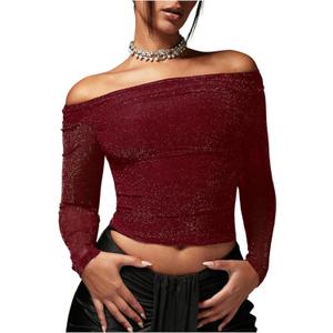 WDIRARA Women's Glitter Off The Shoulder Ruched Long Sleeve Cocktail Party Crop Top Large