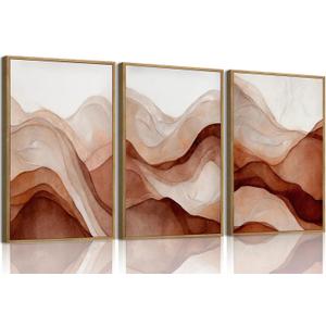 myusuar 3 Piece Large Abstract Framed Wall Art For Living Room, Smoke Texture Ink Warm Brown Terracotta Canvas Wall Art Modern Minimalist Art Prints Wall Dcor For Bedroom Office 16x24in