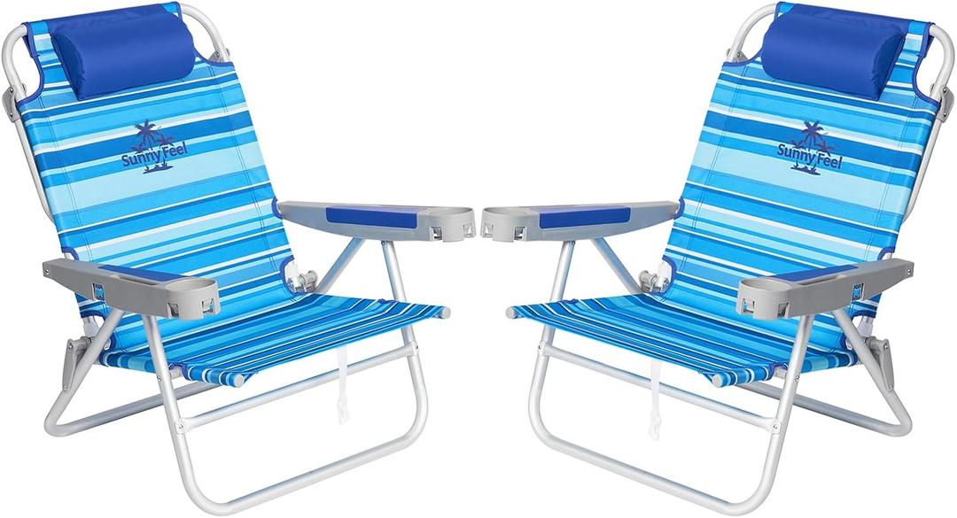 SUNNYFEEL Extra Wide 28" Low Beach Chair 2 Pack 5 Position Lay Flat, XL Oversized Portable Folding Camping Chairs with Cup Holder for Outdoor/Trip, Foldable Backpack Beach Chair for Adults, X-Large