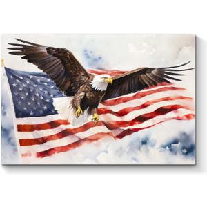 TAR TAR STUDIO Bald Eagle Wall Art: American Flag Canvas Picture, 24x16 inches, Patriotic Painting for Home Decor