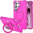 Compatible with Samsung Galaxy S24 Ultra Case 6.8'' Cute Wavy Frame with Magnetic Stand [Compatible with Mag-Safe] Military-Grade Translucent Phone Case for Women Girls, Hot Pink