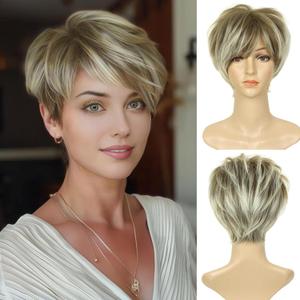 BECUS Short Blonde Wigs for White Women Pixie Cut Wig Pixie Layered Short Wigs for Older Women Synthetic Daily Halloween, Icy Ash Blonde (Small Head Friendly)