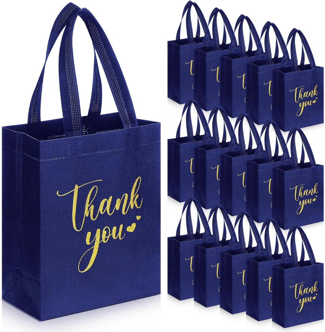 Sweetude 30 Pcs Thank You Gift Bags with Handles, Reusable Non Woven Foldable Goodie Bags Bulk for Graduation Easter Wedding Bridesmaid Favors(10 x 8 x 4 Inch,Navy Blue)