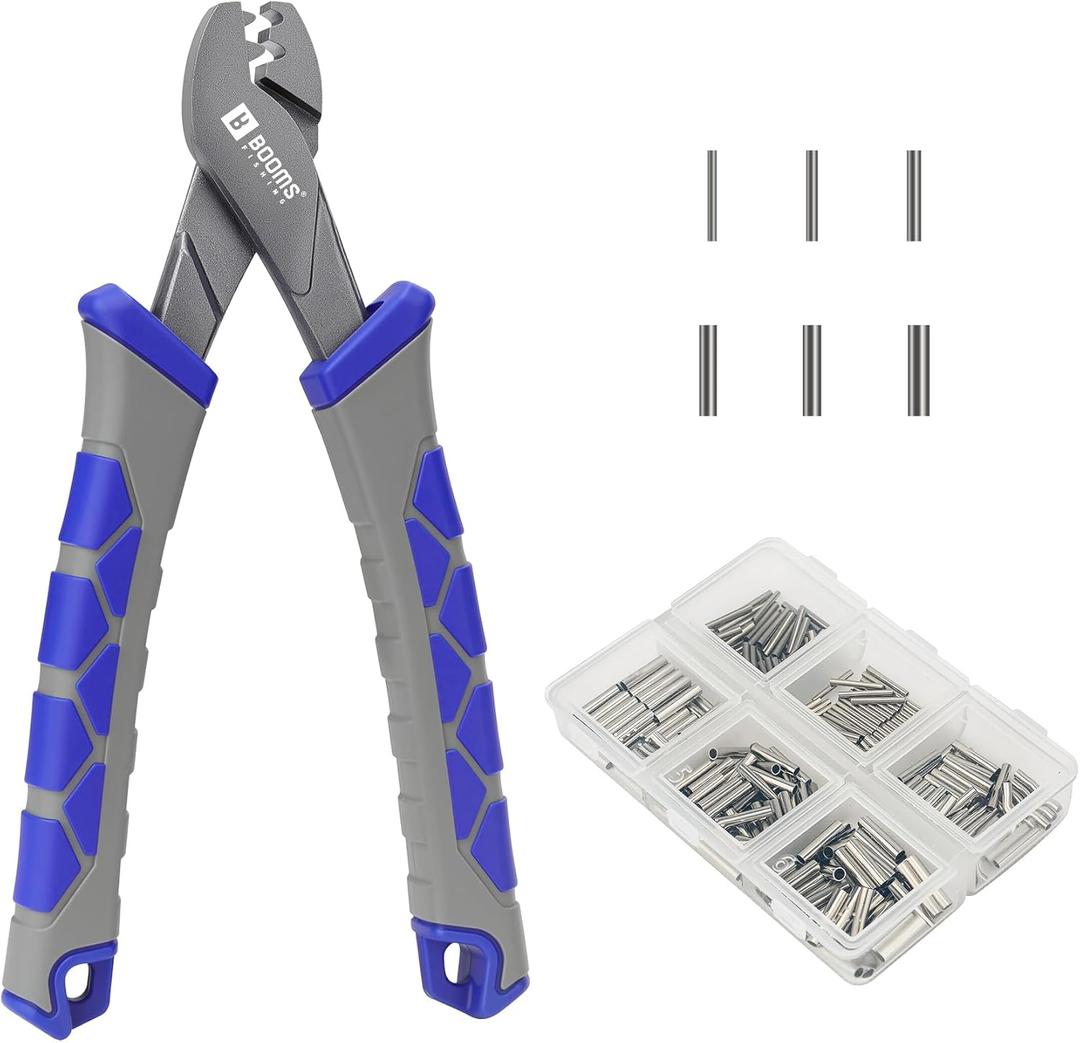 Booms Fishing Crimping Pliers Tool: 6.5in Crimper for Single Barrel - 300pcs Sleeves and Lanyard Included, XW41
