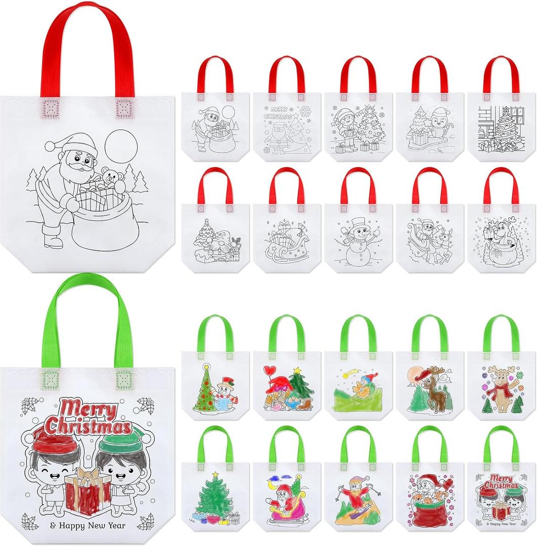 Abbylike 100 Pcs Christmas Color Your Own Bag Reusable Party Favor Bags Christmas Party Goodie Bags Xmas Coloring Goodie Return Gift for Men Women DIY Painting, 10 Styles