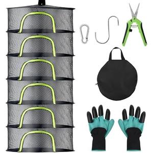BRIVADO Herb Drying Rack Hanging Mesh 6 Layer 24" with Zipper, Gloves, Garden Pruning Shear, Hook & Carabiner Clip for Drying Herbs, Plants, Seeds, Buds | Outdoor, Hydroponics Herb Dryer Hanging Rack
