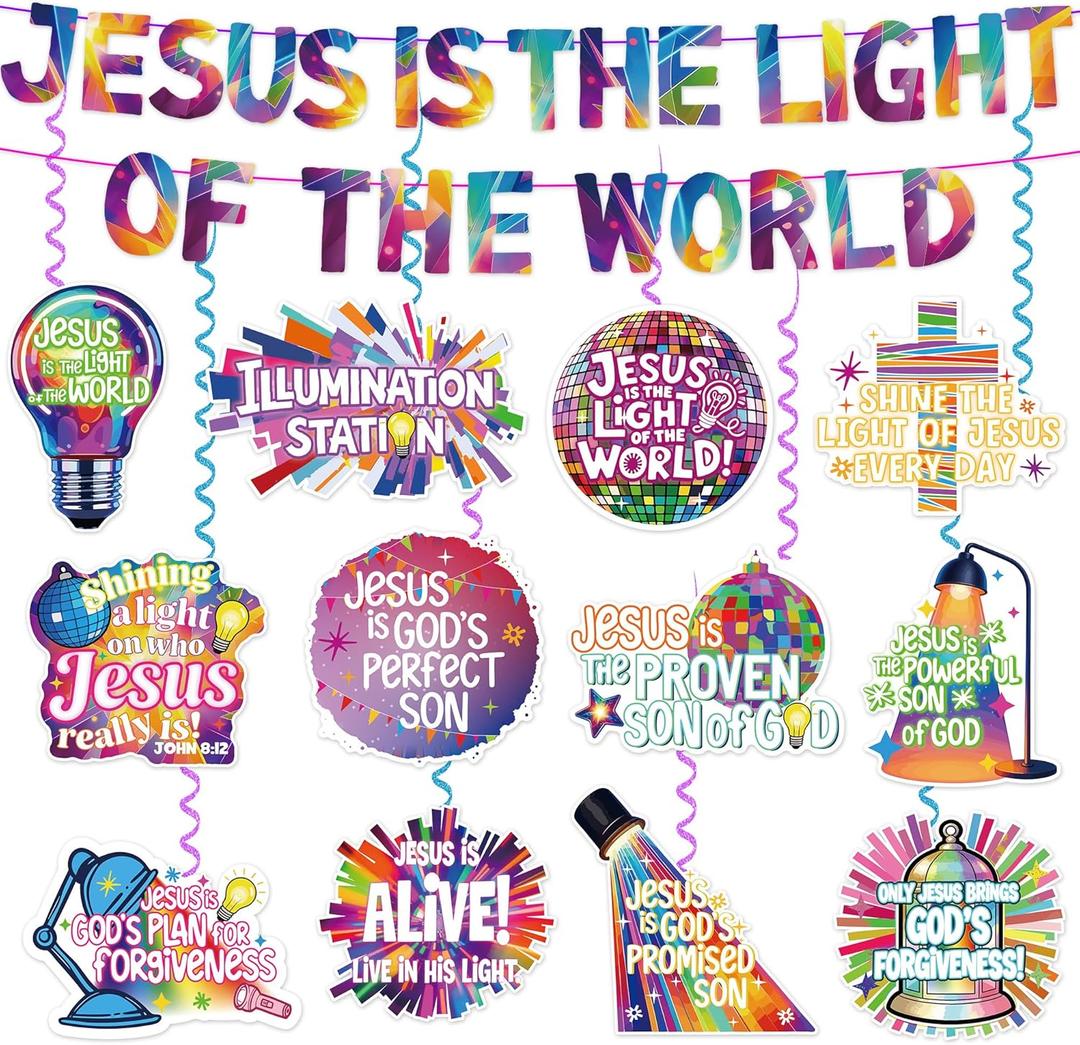 VBS 2026 Decorations Banner Set NO-DIY Jesus is The Light of The World Banner and Christian Hanging Swirls Religious Sunday School Classroom Decor for Vacation Bible School Church Party Supplies
