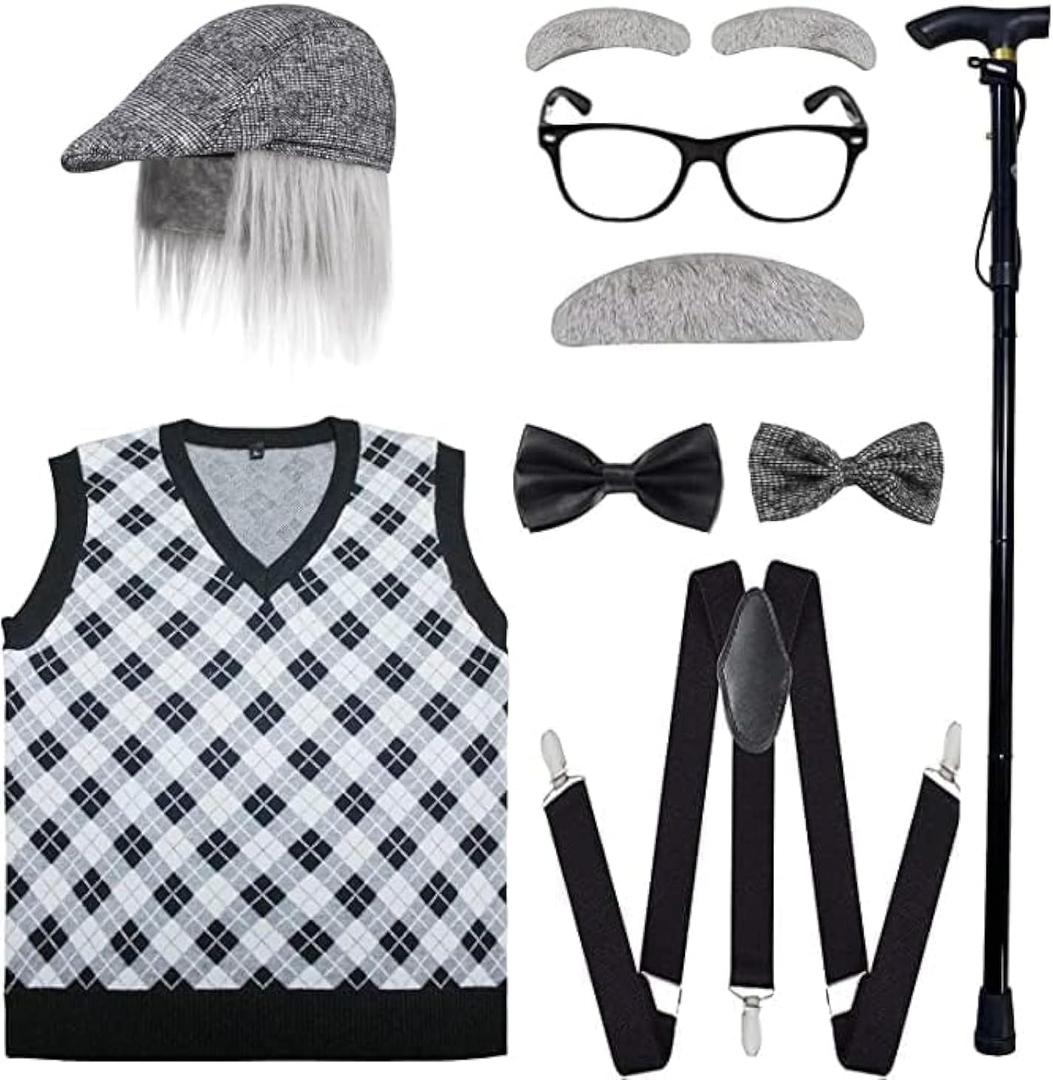 ATTBEA Old Man Costume for Kids 100 Days of School Costume for Boys with Old Man Hat, Old Person Glasses (Medium)