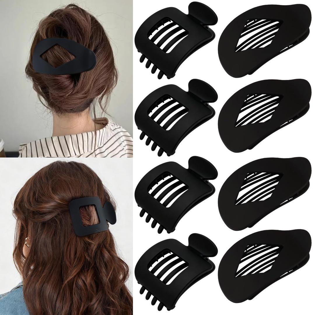 Atoden Flat Hair Clips Large Claw Clips for Thick Medium Thin Hair 8Pcs Square and Round Oval Non Slip Strong Hold Barrettes French Duckbill Accessories for Women Girls Matte Black Color