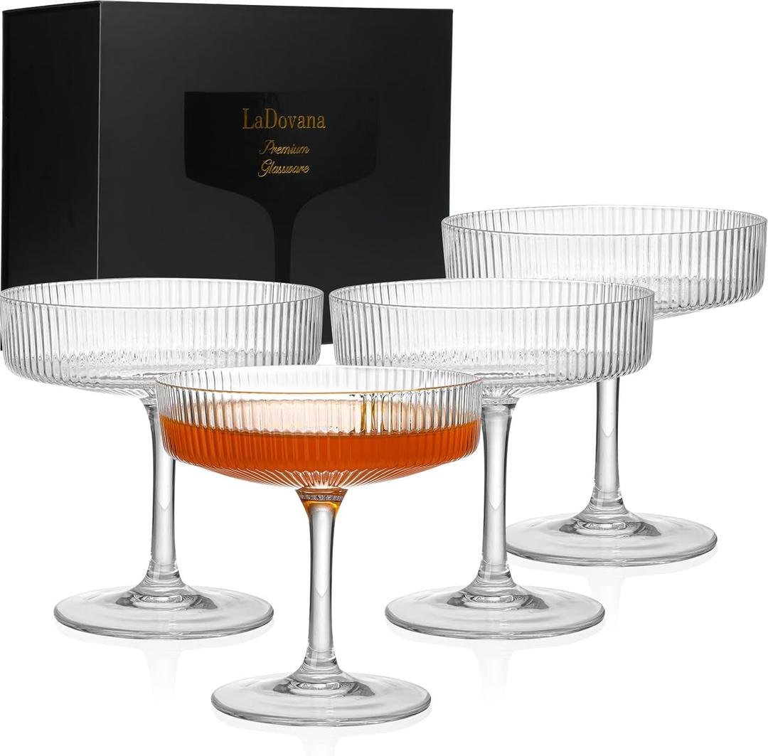 LaDovana Coupe Glasses | Set of 4 | 7oz Premium Crystal Cocktail Glassware for Champagne, Martini, Cosmopolitan & More | Elegant Stemmed Glasses in Gift Box