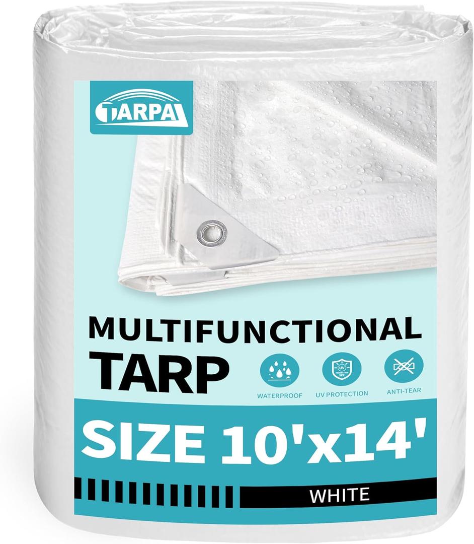 TARPAL 10x14 Feet White Tarp Waterproof Lightweight tarps Multipurpose Protective Cover All Purpose Poly Tarps Cover for Firewood,Boat,Pet House,Roof Waterproofing
