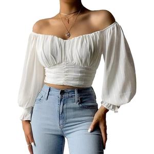 MIRACMODA Womens Elegant Off The Shoulder Puff Sleeve Blouse Summer Chiffon Slim Fit Party Crop Top (Large, White)