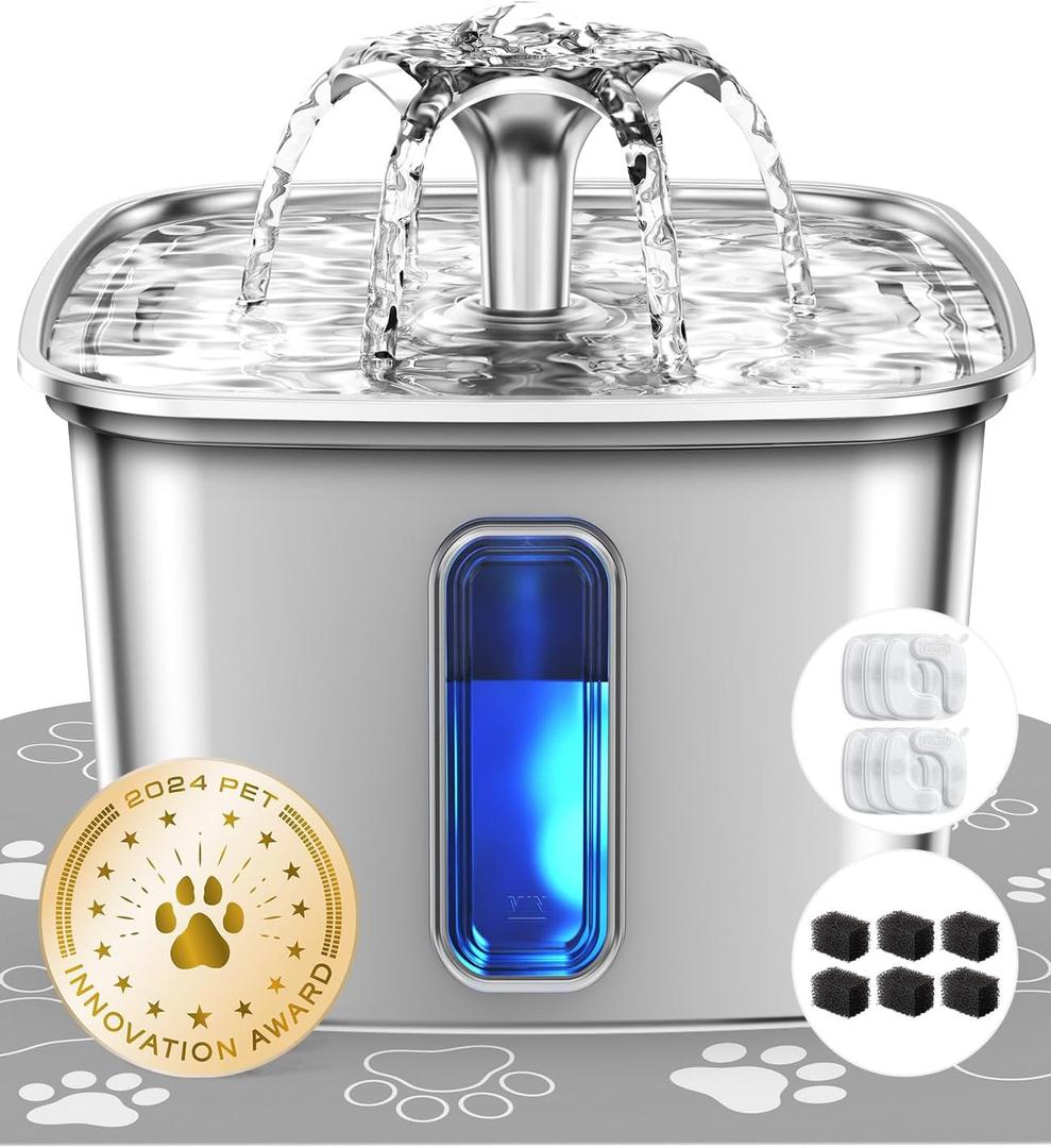 Veken Innovation Award Winner Stainless Steel Cat Water Fountain, 108oz/3.2L Automatic Pet Fountain Dog Water Dispenser with 6 Replacement Filters & Silicone Mat for Cats, Dogs, Multiple Pets (Silver) (108oz (Higher Fill Line))