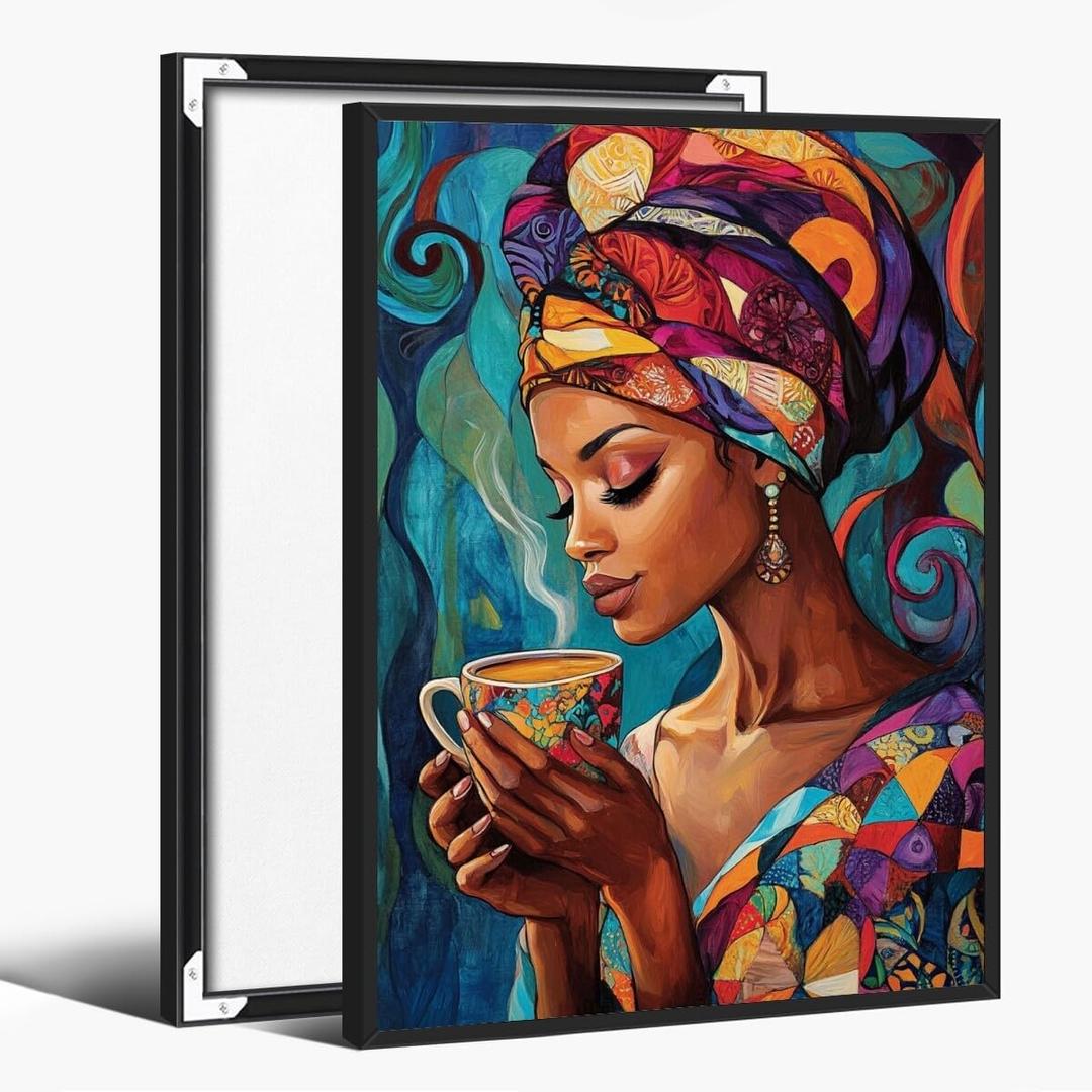 Mpgloquial African Black Woman Wall Art Beauty Lady Dringing Coffee Canvas Painting Posters Trendy Black Girl Prints Poster Inspired Wall Decor Aesthetics for Dorm 16x24inch Black Framed